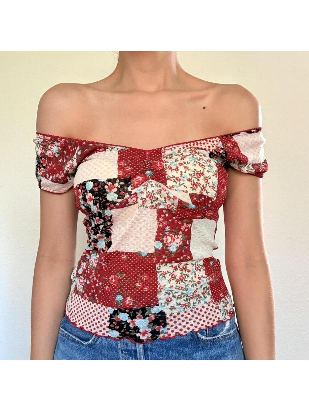 Papaya Y2K Red Patchwork Mesh Top